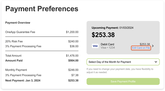 edit card on file in the payment preferences page of your Oneapp Guarantee account